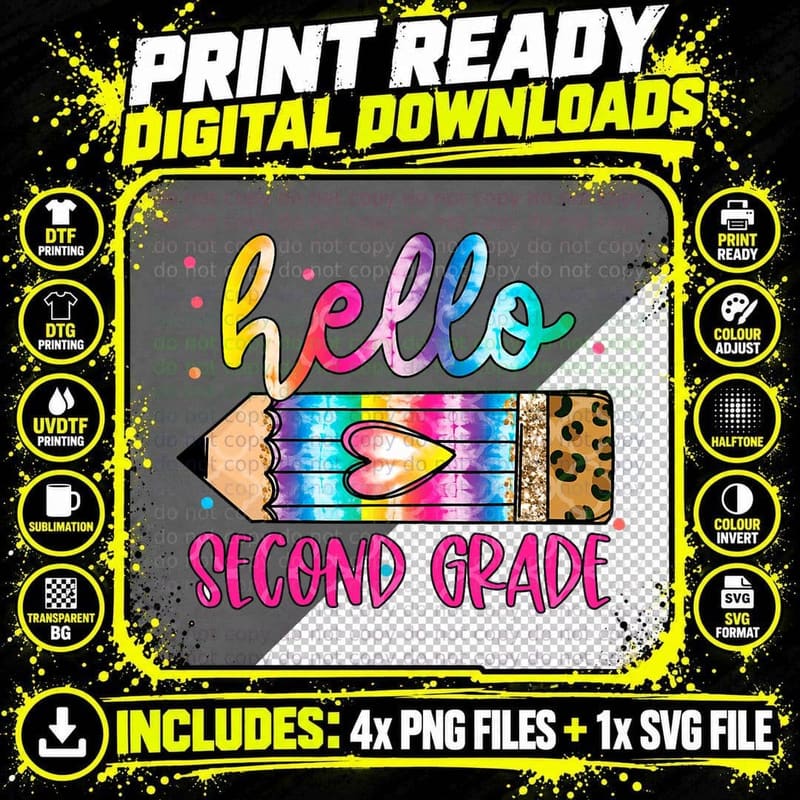 Hello Second Grade Leopard Tie Dye Pencil Cute Teacher Png SVG Digital Bundle