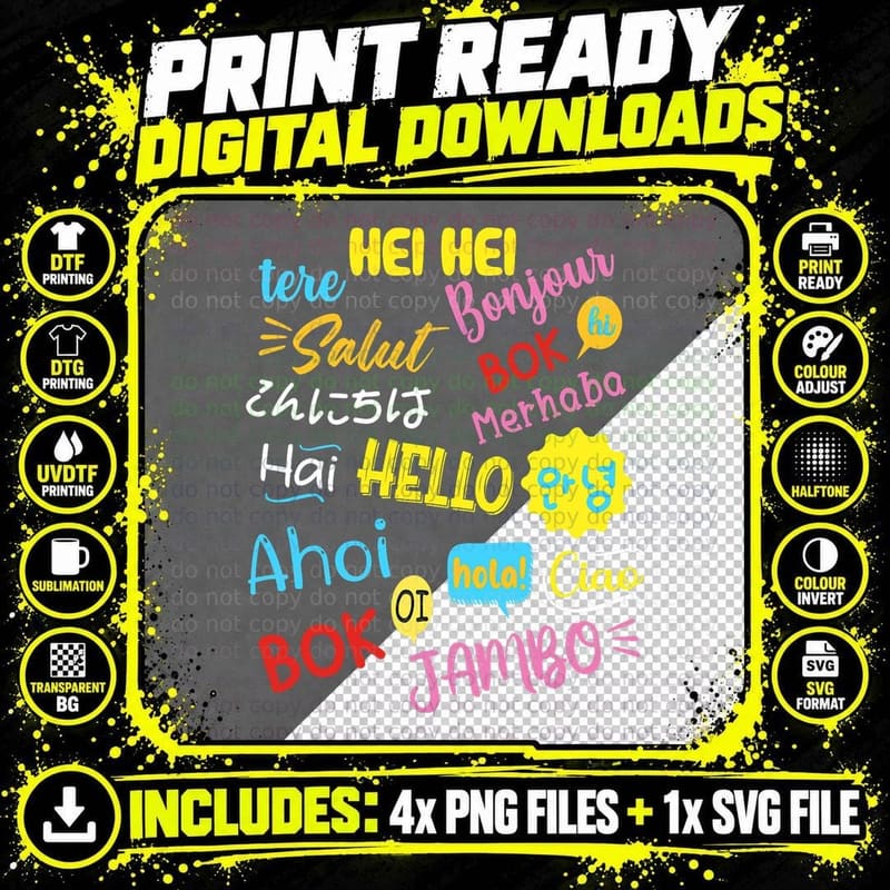 Hello Word in Different Languages Travel and Teacher Png SVG Digital Bundle