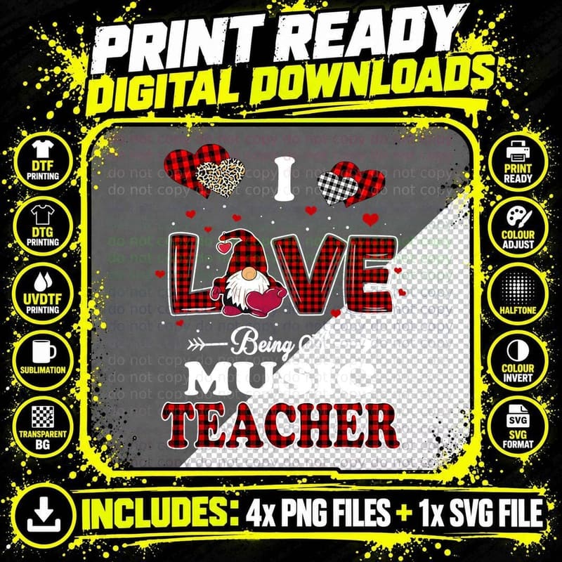 I Love Being a Music Teacher Valentines Day Gnome T-Shirt Png SVG Digital Bundle