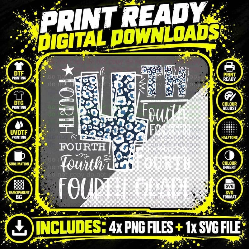 Kids Teacher Back to School Fourth Grade Leopard Png SVG Digital Bundle