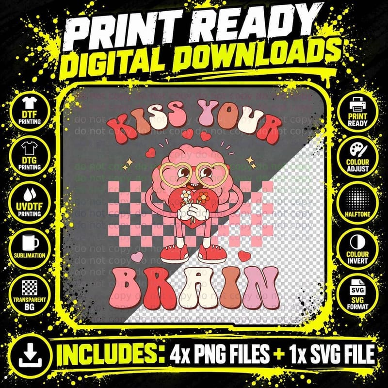 Kiss Your Brain Retro Valentines Day Teacher Squad Kid Png SVG Digital Bundle