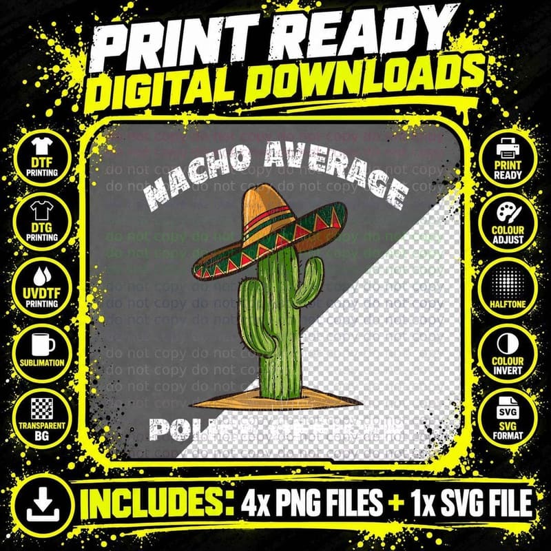 Nacho Average Police Officer Pun Retro Cactus Sombrero Png SVG Digital Bundle