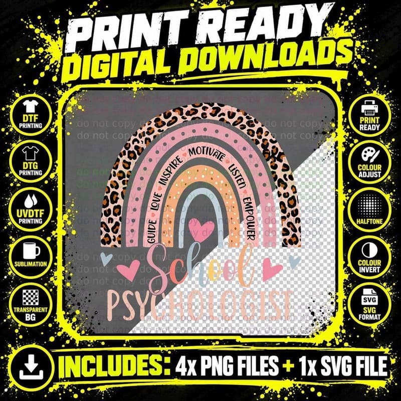 Office School Psychologist Rainbow Leopard Print Teacher Png SVG Digital Bundle
