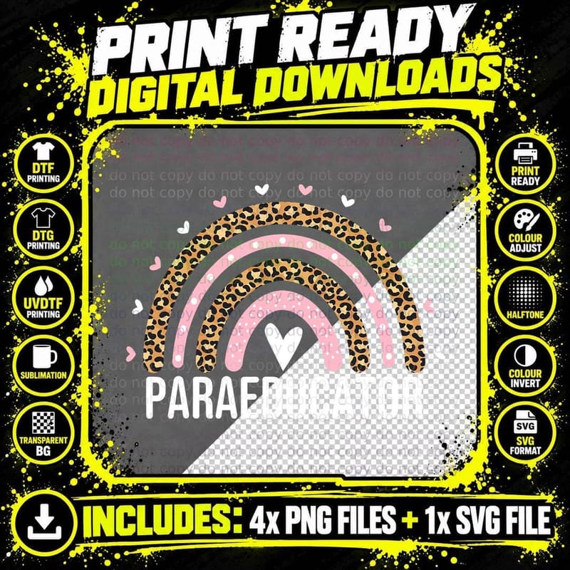 Paraeducator Rainbow Leopard Para Educator Teacher Png SVG Digital Bundle