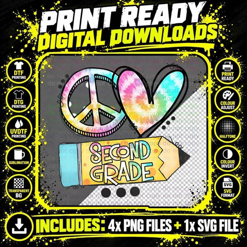 Peace Love Second Grade Funny Tie-Dye Student Teacher Png SVG Digital Bundle