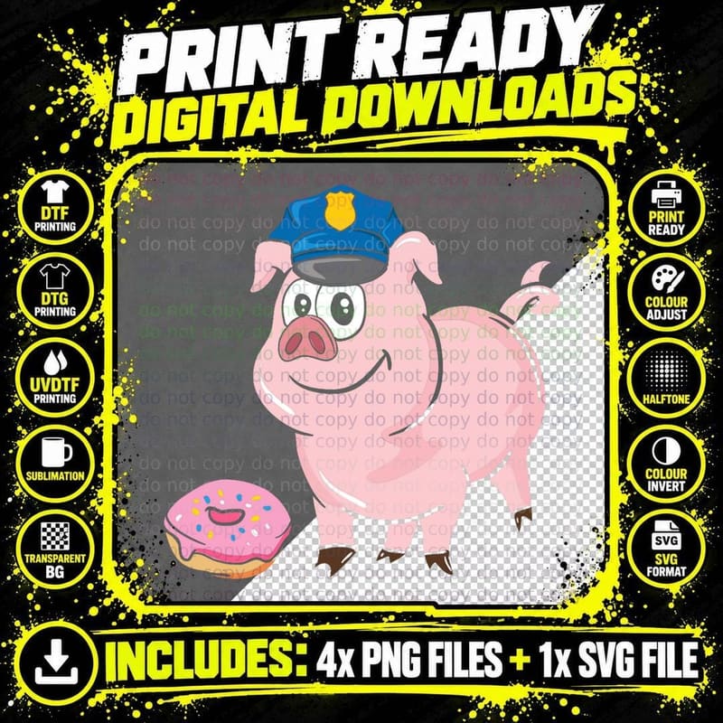 Pig Cop & Donut Funny Police Officer Blue Line Cop Png SVG Digital Bundle