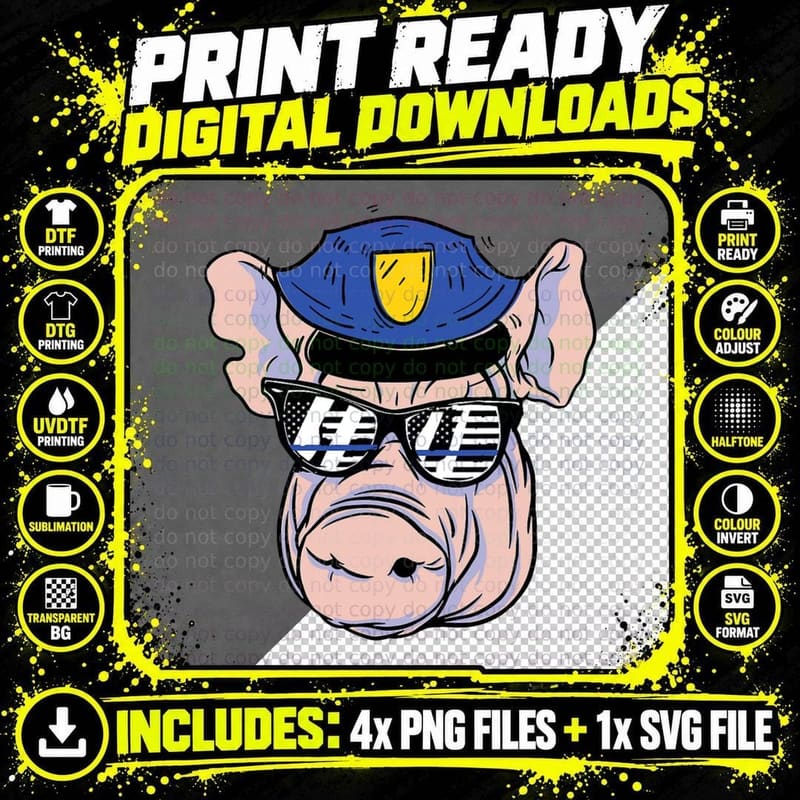 Police Officer Funny Fat Cop Pig Face Policeman Officer Png SVG Digital Bundle