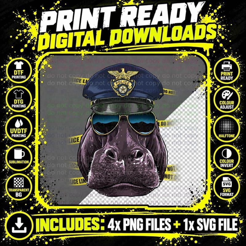 Police Officer Hippopotamus PD Cop Crime Scene Hippo Png SVG Digital Bundle