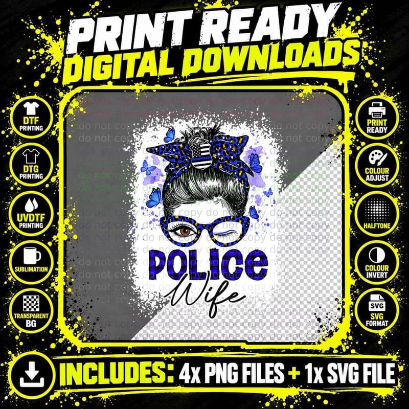 Police Wife Life Messy Bun Girl Back the Blue Png SVG Digital Bundle
