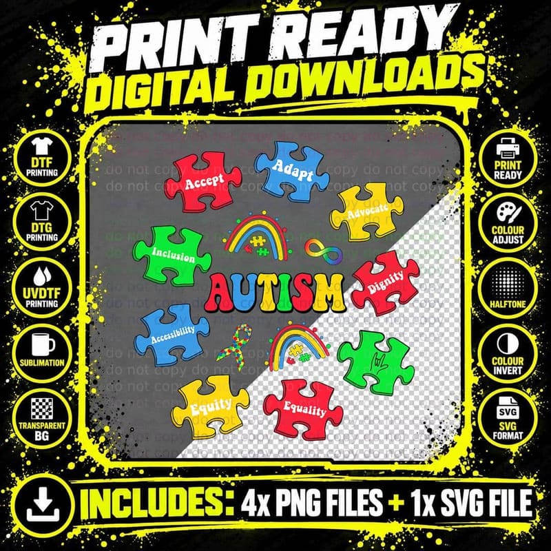Puzzle Rainbow Autism Awareness Special Education Png SVG Digital Bundle