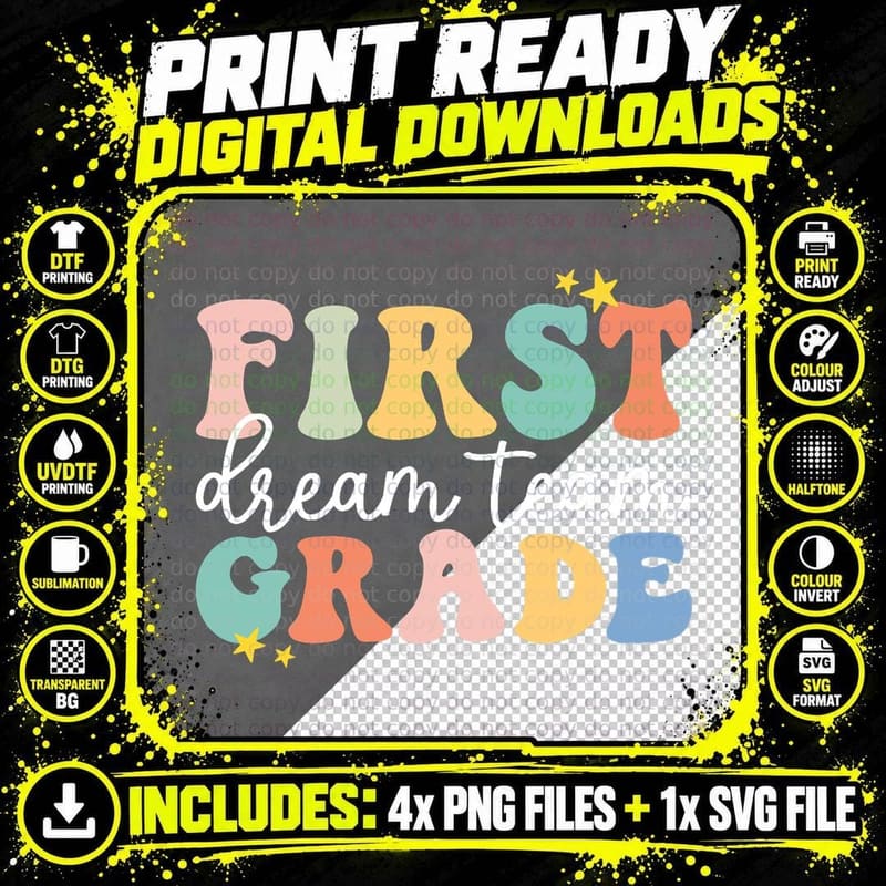 Retro First Grade Dream Team Teacher Students Back to Png SVG Digital Bundle