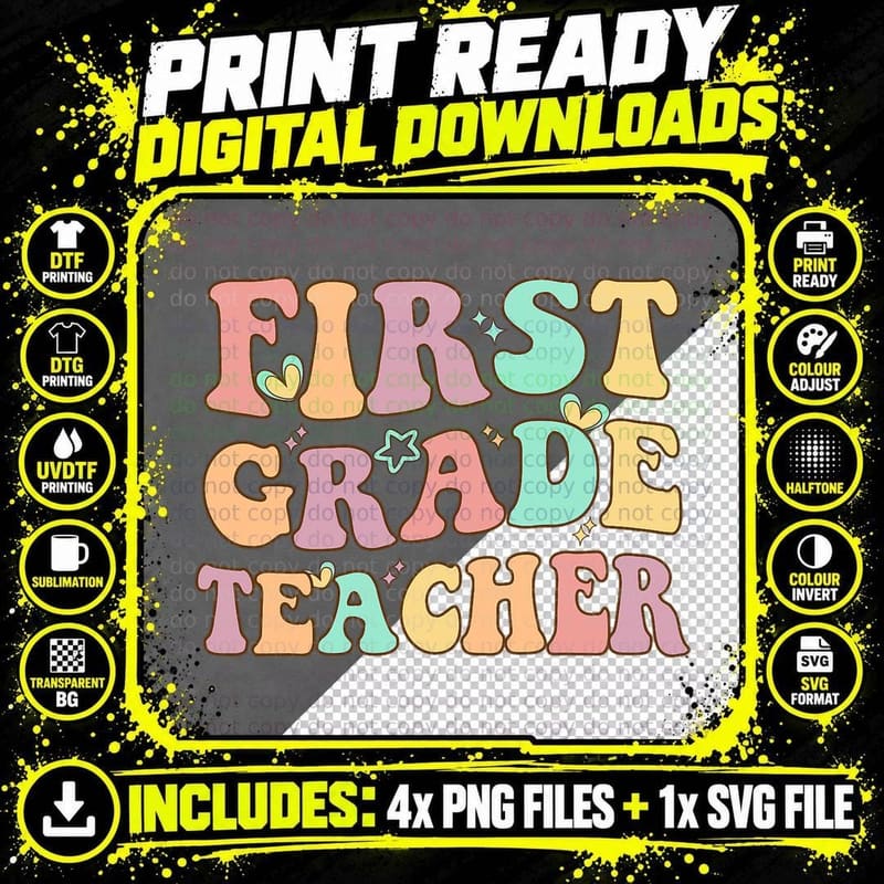 Retro Groovy First Grade Teacher Back to School 1nd Png SVG Digital Bundle