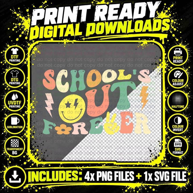 Retro Groovy School's Out Forever Retired Teacher Png SVG Digital Bundle