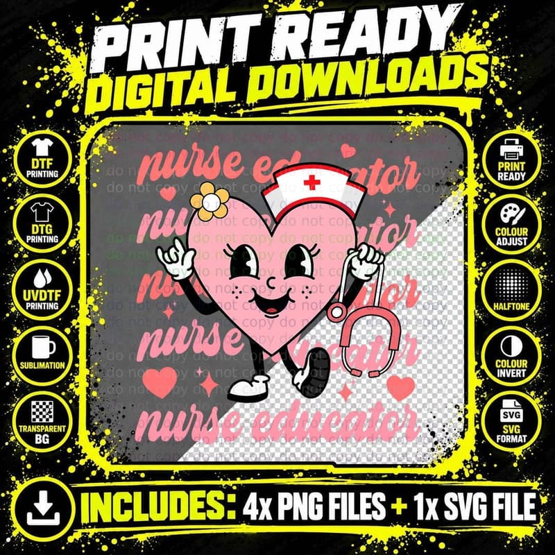 Retro Nurse Educator Cute Valentines Day Hearts Png SVG Digital Bundle