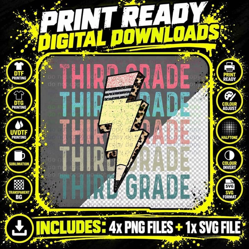 Retro Third Grade Teacher Lightning Bolt Pencil Teacher Png SVG Digital Bundle