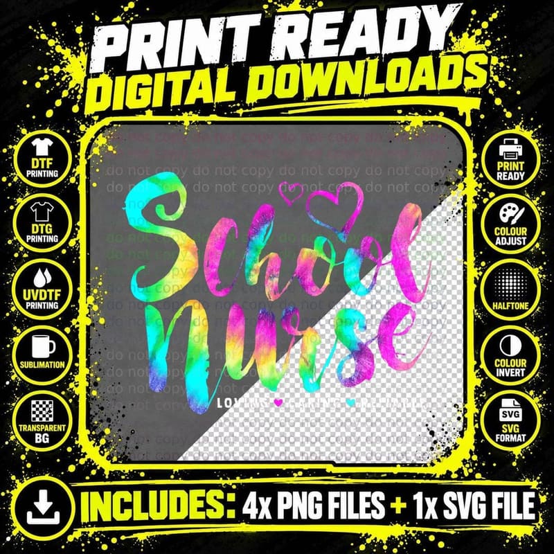 School Nurse Loving Caring Reliable Nursing Tie Dye Png SVG Digital Bundle