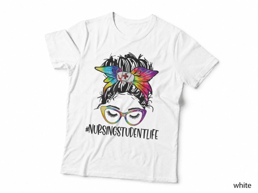 School Student Nurse Messy Bun Tie Dye Glasses Bandana T-Shirt