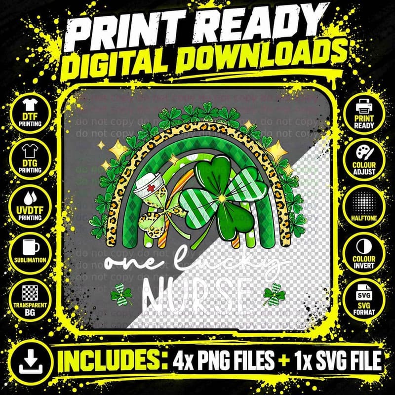 St Patricks Day Leopard Rainbow Shamrock One Lucky Nurse Png SVG Digital Bundle