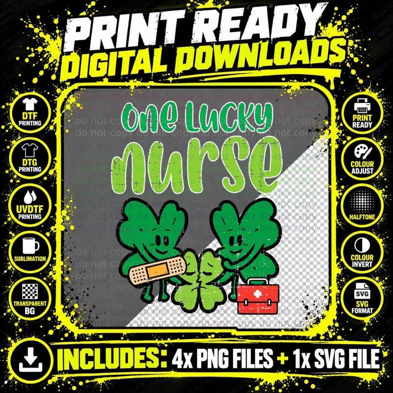 St Patricks Day One Lucky Nurse Shamrocks Scrub Top Png SVG Digital Bundle