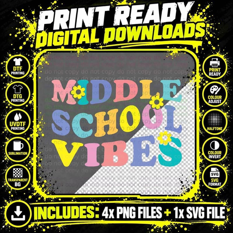 Student Teacher Middle School Vibes First Day of School Png SVG Digital Bundle