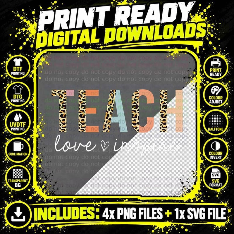 Teach Love Inspire Leopard Back to School Cute Teacher Png SVG Digital Bundle
