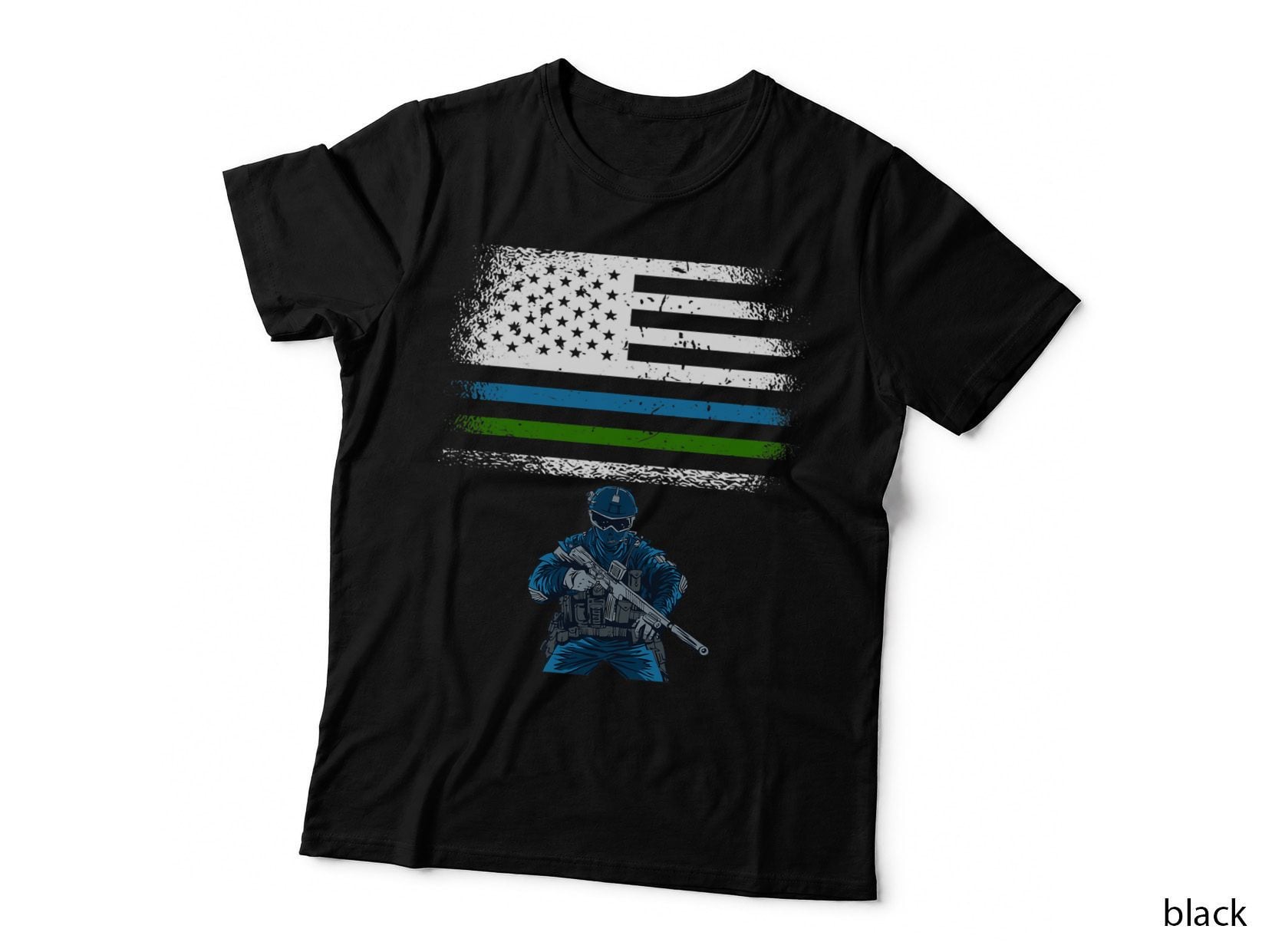 Thin Blue Green Line T-Shirt Police Military T-Shirt