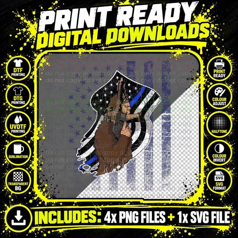 Thin Blue Line Flag Bigfoot Police Hero Law Enforcement Png SVG Digital Bundle