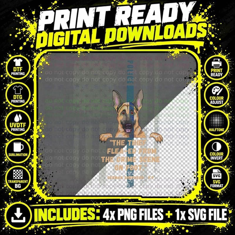 Thin Blue Line Flag Police German Shepherd Quote K-9 Png SVG Digital Bundle