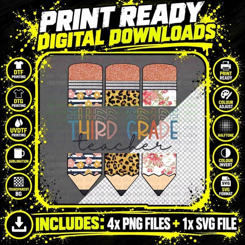 Third Grade Teacher Leopard Pencil Back to School T-Shirt Png SVG Digital Bundle