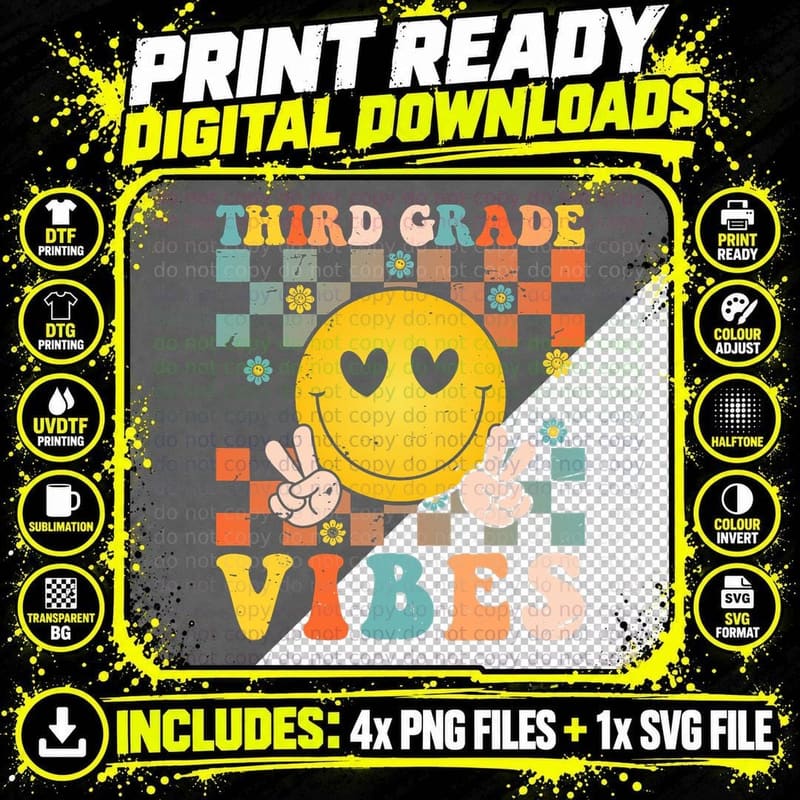 Third Grade Vibes Retro Teacher Students 1st Day of Png SVG Digital Bundle