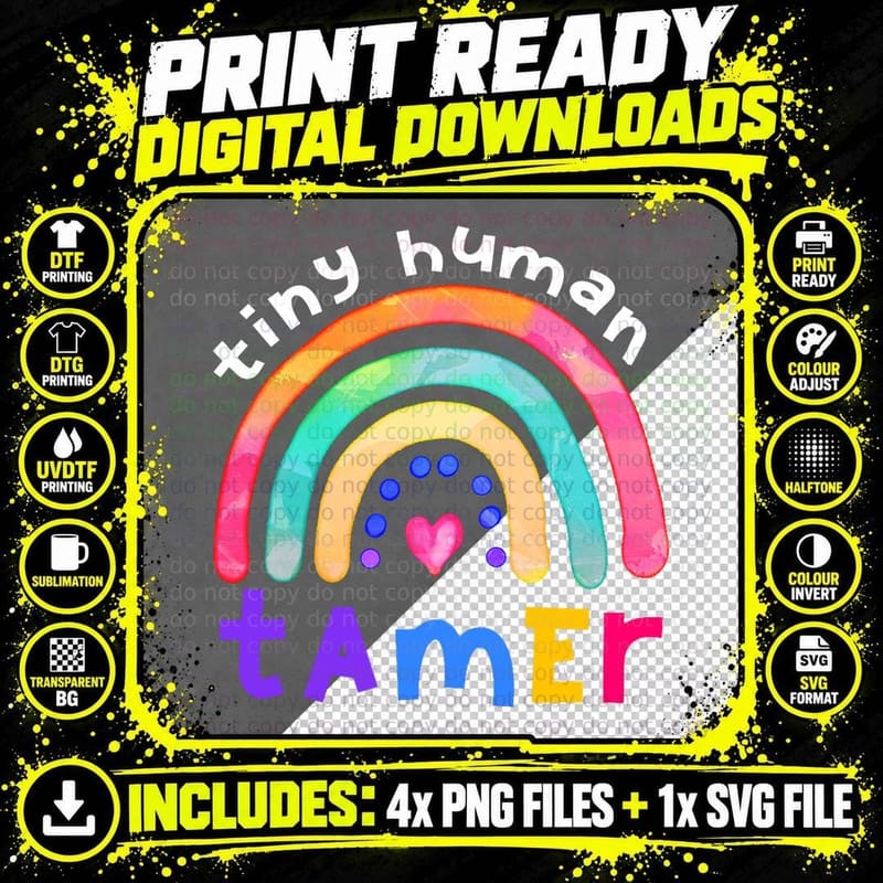 Tiny Human Tamer Watercolor Rainbow Daycare Teacher Png SVG Digital Bundle
