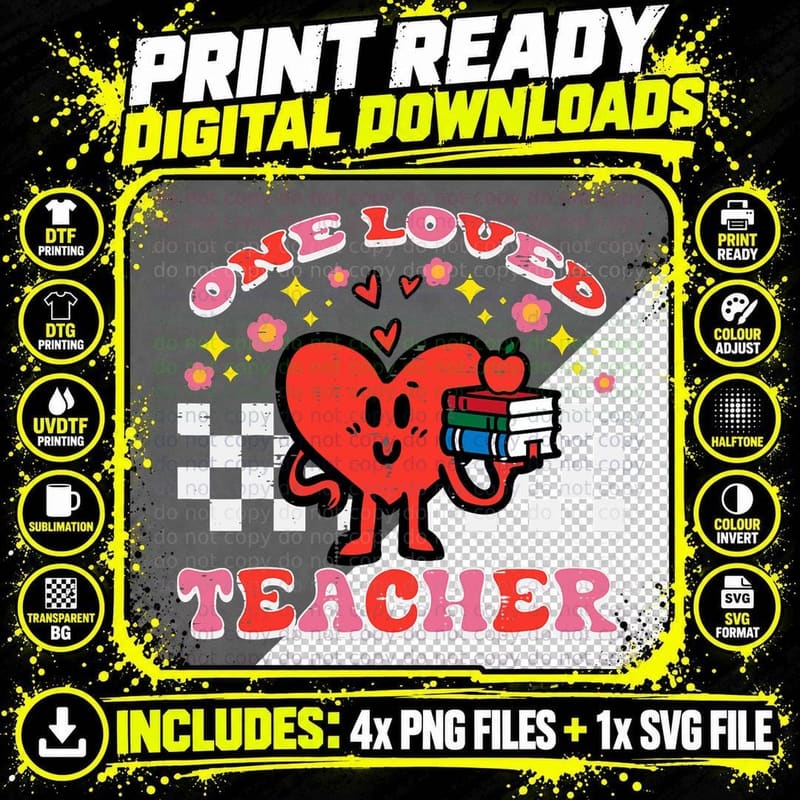 Valentines Day One Loved Teacher Retro Groovy Heart Png SVG Digital Bundle