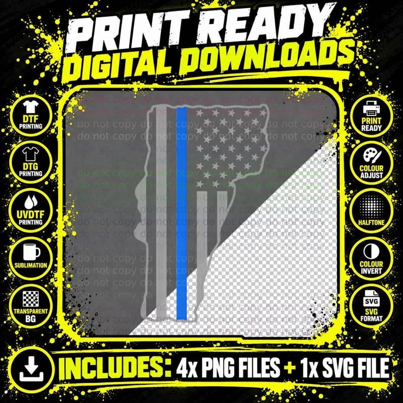 Vermont US Thin Blue Line Flag Police Officer Cop Png SVG Digital Bundle