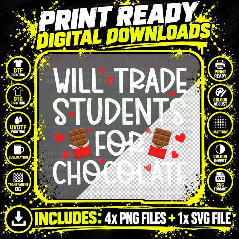 Will Trade Students for Chocolate Teacher Valentines Day Png SVG Digital Bundle