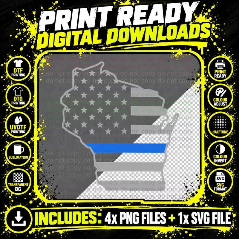 Wisconsin US Thin Blue Line Flag Police Officer Png SVG Digital Bundle