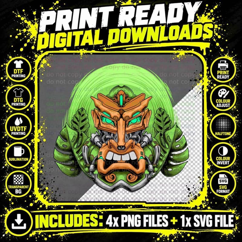 Aztec Warrior Mask Orange Turquoise Feathered Green Png SVG Digital Bundle