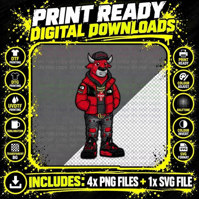 Bull Demon Red Gold Chain Streetwear T-Shirt Png SVG Digital Bundle