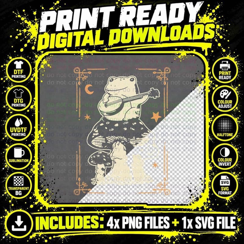 Cottagecore Aesthetic Frog, Playing Banjo on Muschroom Png SVG Digital Bundle