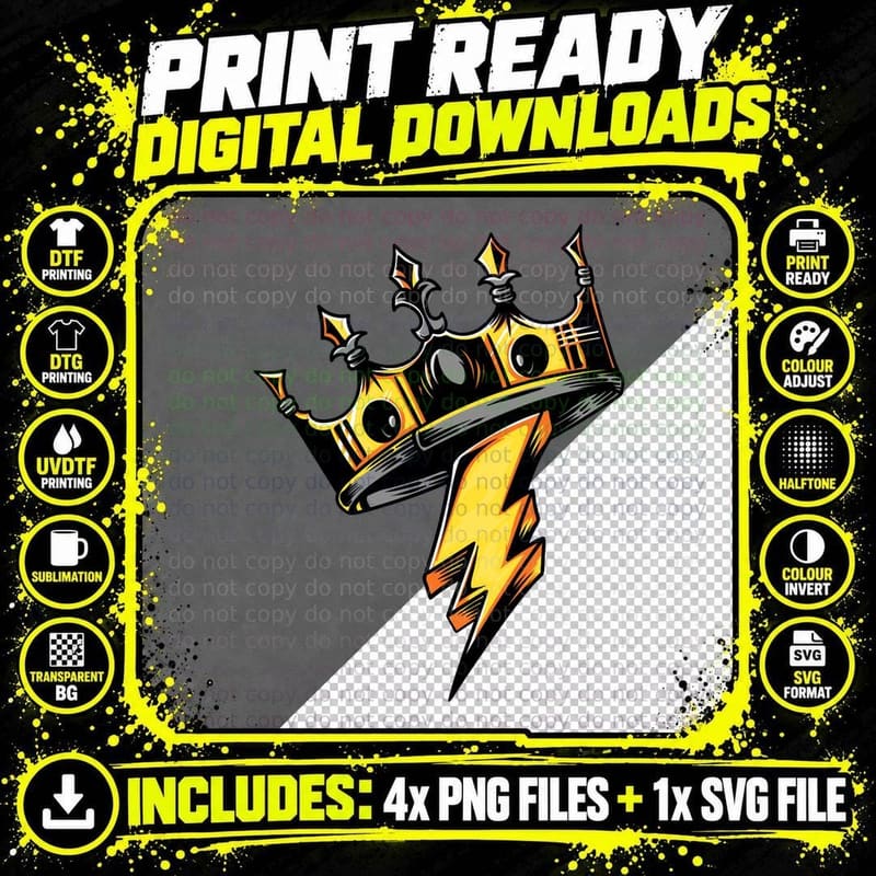 Crown Lightning Bolt Gold Black Flames Power King T-Shirt Png SVG Digital Bundle