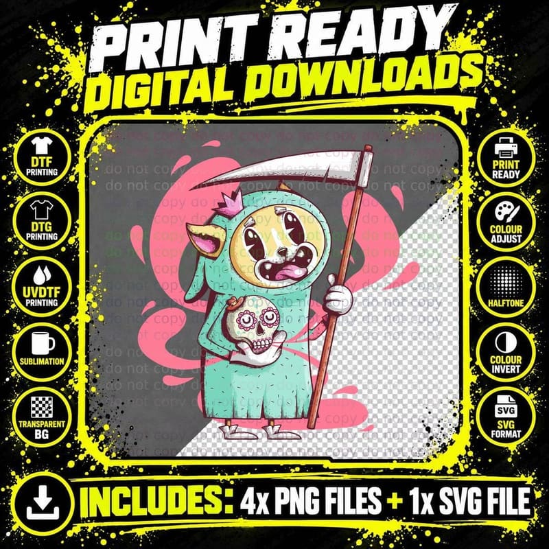 Death Reaper Turquoise Character With T-Shirt Png SVG Digital Bundle