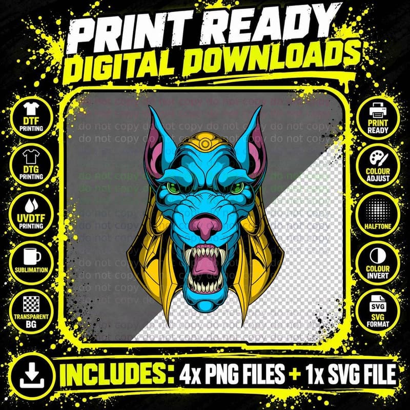 Demon Face Blue Horns Gold Fangs Pink Mouth T-Shirt Png SVG Digital Bundle