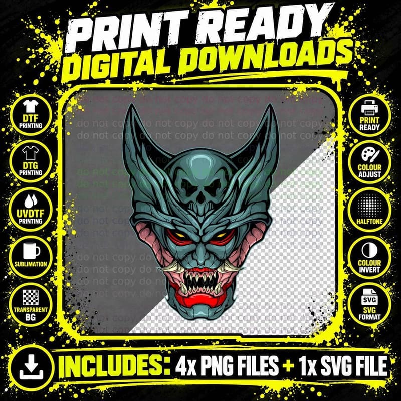 Demon Face Teal Devil Horns Glowing Eyes T-Shirt Png SVG Digital Bundle