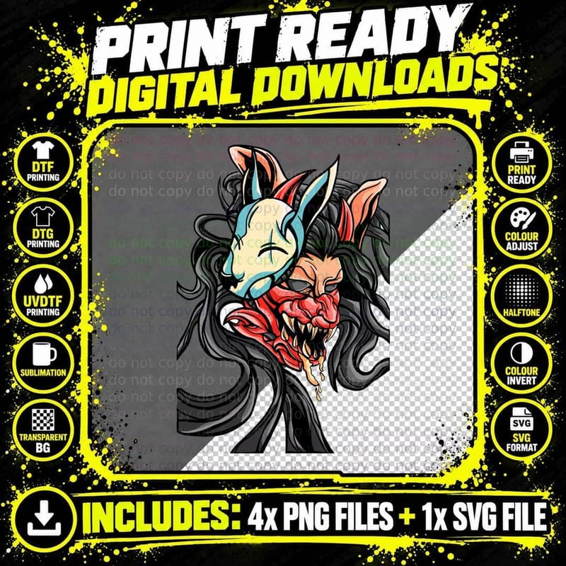 Demon Faces Horns Colorful Asian Stacked T-Shirt Png SVG Digital Bundle