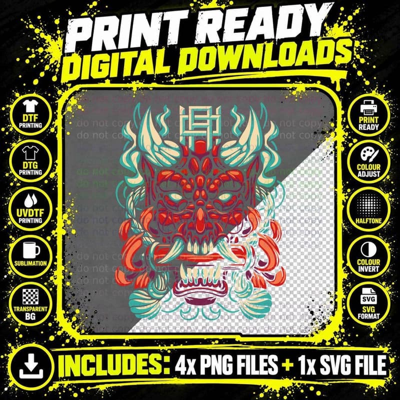 Demon Head Red Green Ornament Asian Mask T-Shirt Png SVG Digital Bundle