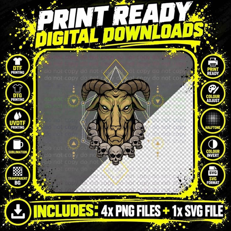 Demon Head with Skulls Dark Horned Geometric Ornamental Png SVG Digital Bundle