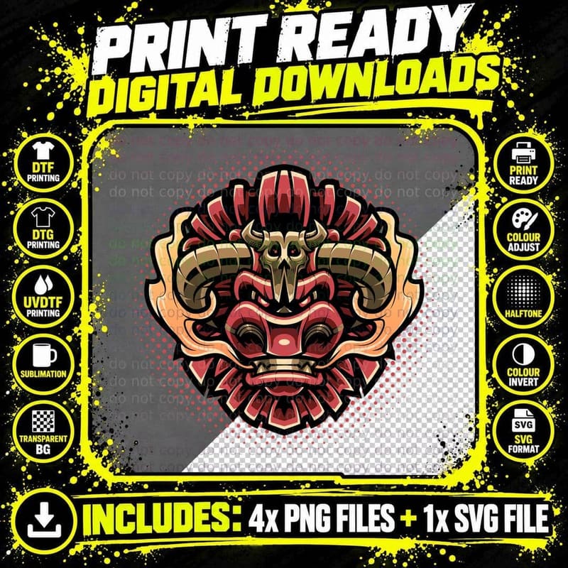 Demon Mask Horns Red Gold Asian T-Shirt Png SVG Digital Bundle
