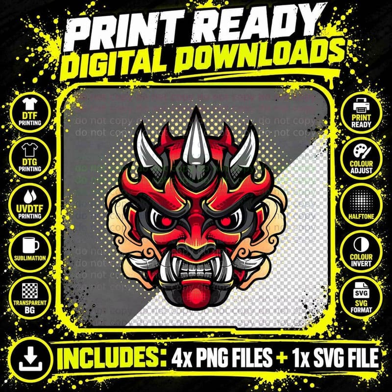 Demon Mask Red Horns Halftone Asian T-Shirt Png SVG Digital Bundle