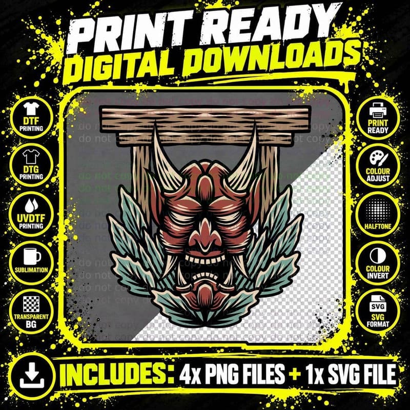 Demon Mask Traditional Asian Horns T-Shirt Png SVG Digital Bundle