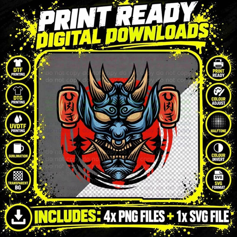 Demon Warrior Mask Red Blue Menacing T-Shirt Png SVG Digital Bundle