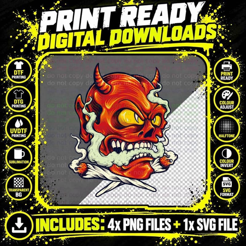 Devil Fire Red Demon Head with Horns and Crossed Joints Png SVG Digital Bundle